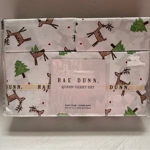 Rae Dunn White Holiday Reindeer & Green Tree Queen Sheet Set